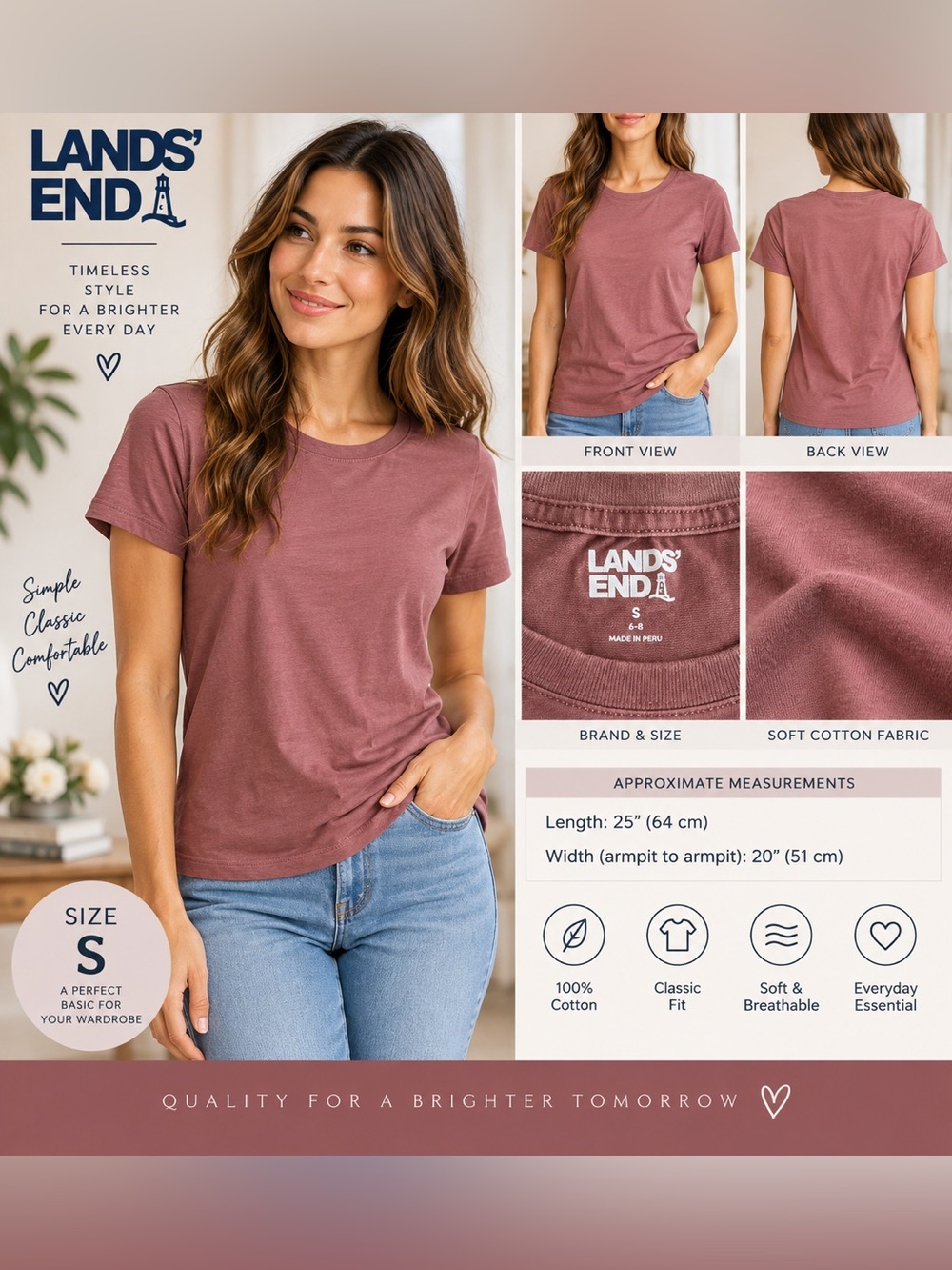 Lands’ End Women’s Supima Cotton Crew Neck T-Shirt Mauve Size S